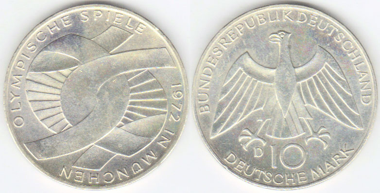 1972 D Germany silver 10 Mark (Olympic Games-Knot) A001710